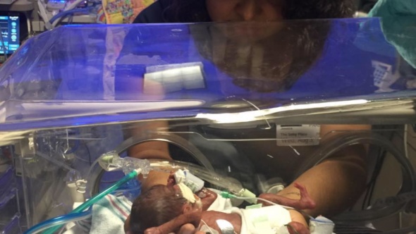 Medical professional caring for preemie contained in NICU